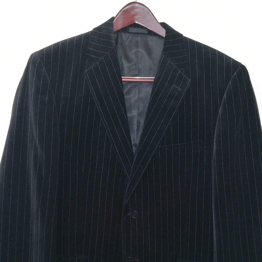 Andrew Fezza Velvet Pinstripe Blazer Mens 42R Black Luxury Sport Coat